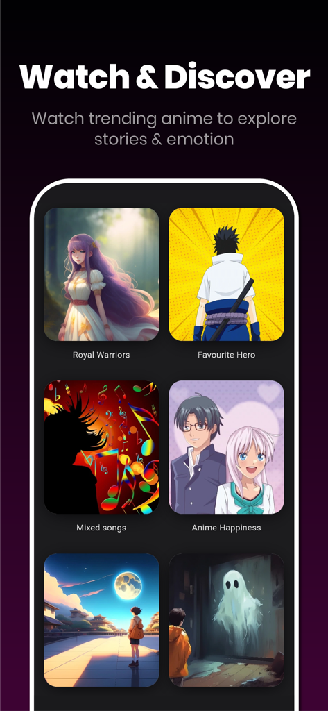 Interfaz de la aplicación AnimeHub que muestra categorías de anime de tendencia y funciones de descubrimiento.