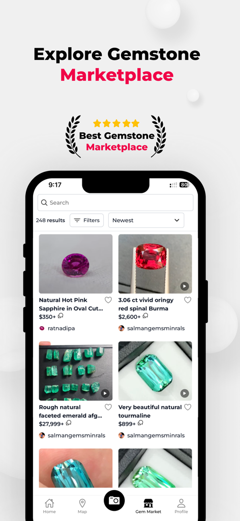 Ruby Glint: Rock Identifier - A mobile app screen showing a marketplace for buying and selling rare gemstones and crystals