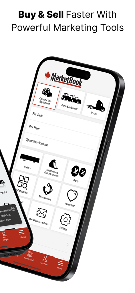 MarketBook - Interfaz de la aplicación móvil MarketBook que muestra categorías de equipos de construcción, agrícolas y camiones.