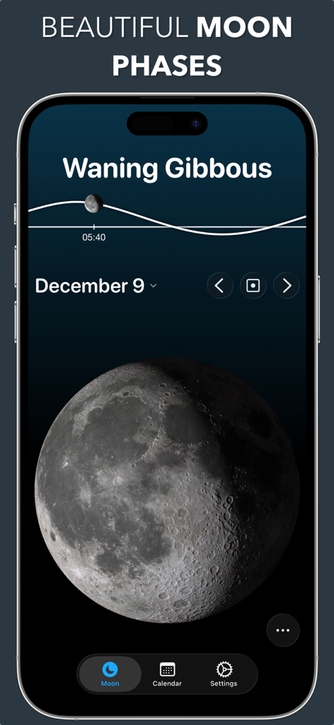 Lunar - Moon Phase & Widget - 3Dの更待月（欠けていく月）を表示するLunarアプリの画面