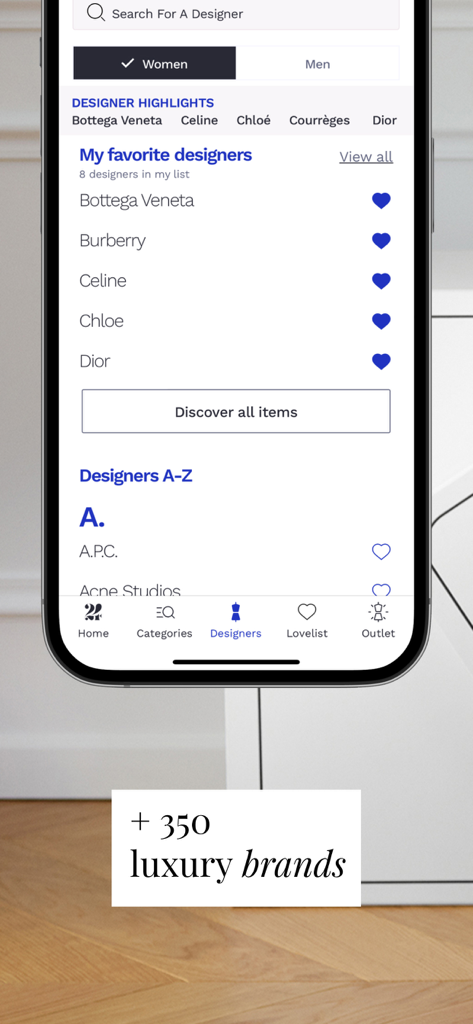 24S: Luxury Fashion Designers - Mobile app interface of 24S displaying a list of premium luxury fashion designers