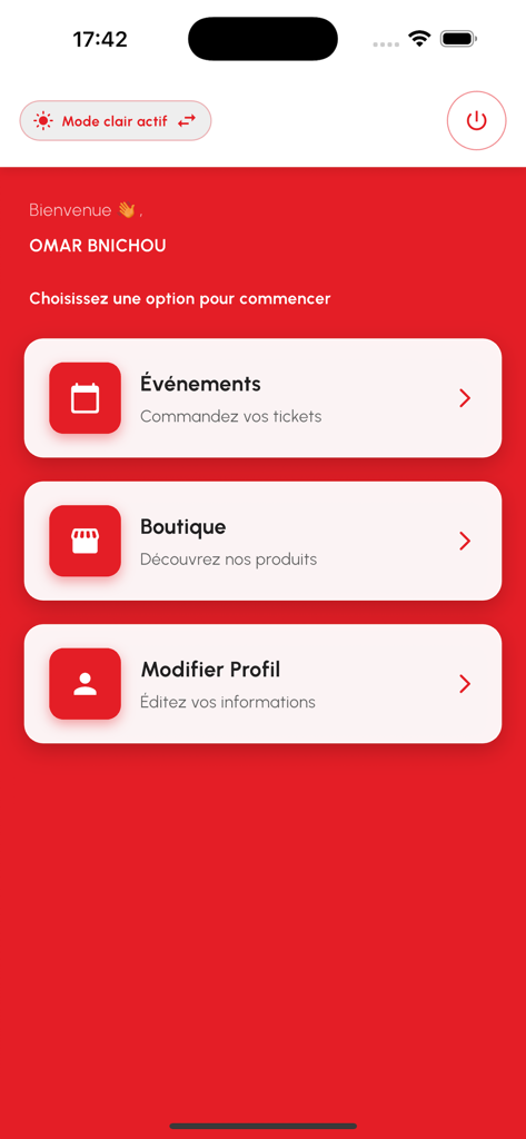 WYDAD TICKETING - Menu principal do aplicativo Wydad Ticketing mostrando opções para eventos, loja e gerenciamento de perfil