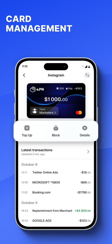 e.PN - Virtual cards - Smartphone screen showing the ePN virtual card management interface with a transaction history for digital ads and online services
