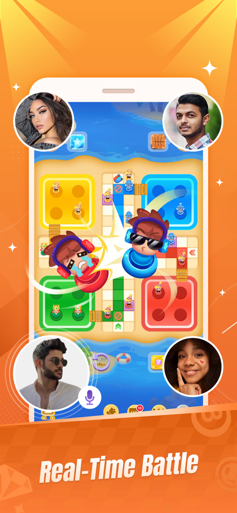 A real time Ludo battle on Party Star app with voice chat and player profile pictures