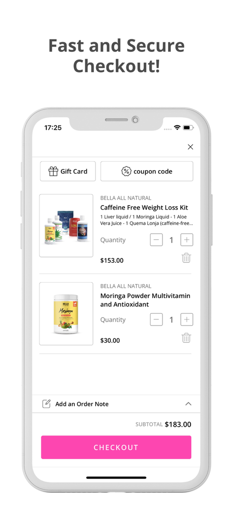 Bella All Natural - Bella All Natural app checkout screen showing supplement products in the shopping cart