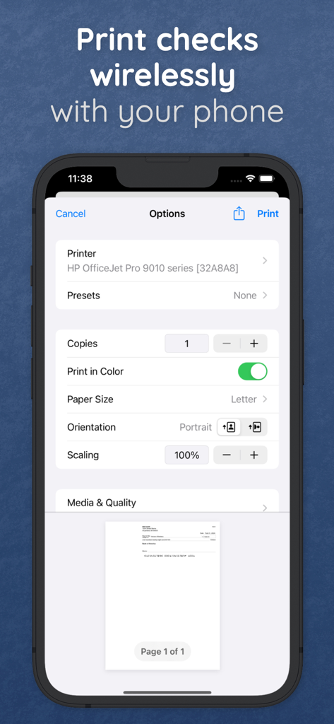 Check Writer: Print Checks - Mobile screen showing options to print a check wirelessly from a phone