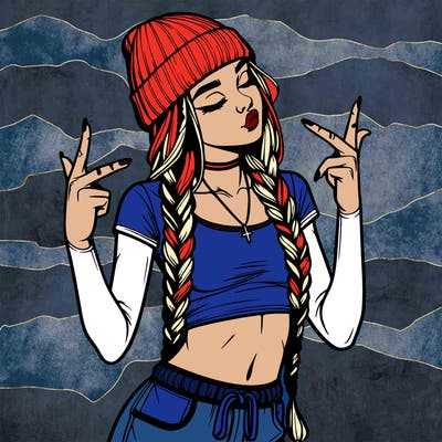 realistic teenage girl with braids and a beanie and crop top doing 🫶🏼