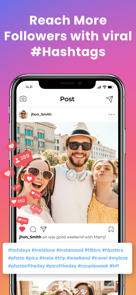 A smartphone screen showing an Instagram post with viral hashtags and high engagement icons