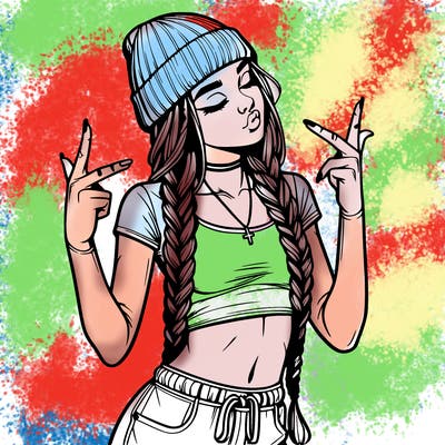 realistic teenage girl with braids and a beanie and crop top doing 🫶🏼