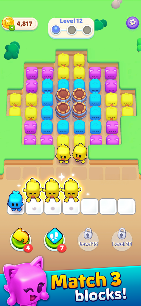 Block Jam - 3D Block Puzzle - Block Jam 3D puzzle game screen showing colorful character blocks and match 3 tray mechanics