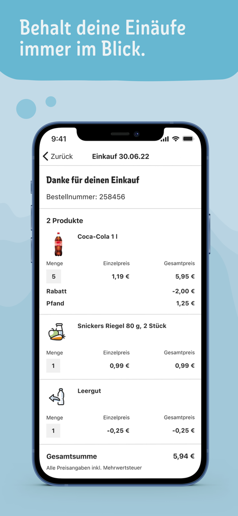 Eine digitale Quittung, die auf einem Smartphone-Bildschirm angezeigt wird und eine Zusammenfassung der gekauften Artikel in der REWE Pick und Go App zeigt