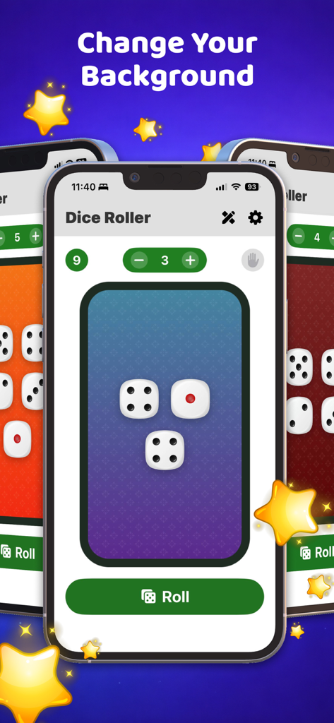 Captura de tela do aplicativo mostrando múltiplas opções de cores de fundo personalizáveis em três iPhones