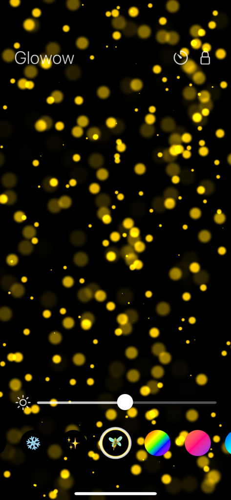 Reading Light Glowow - Reading Light Glowow app interface showing firefly mood lamp mode with warm yellow glowing orbs