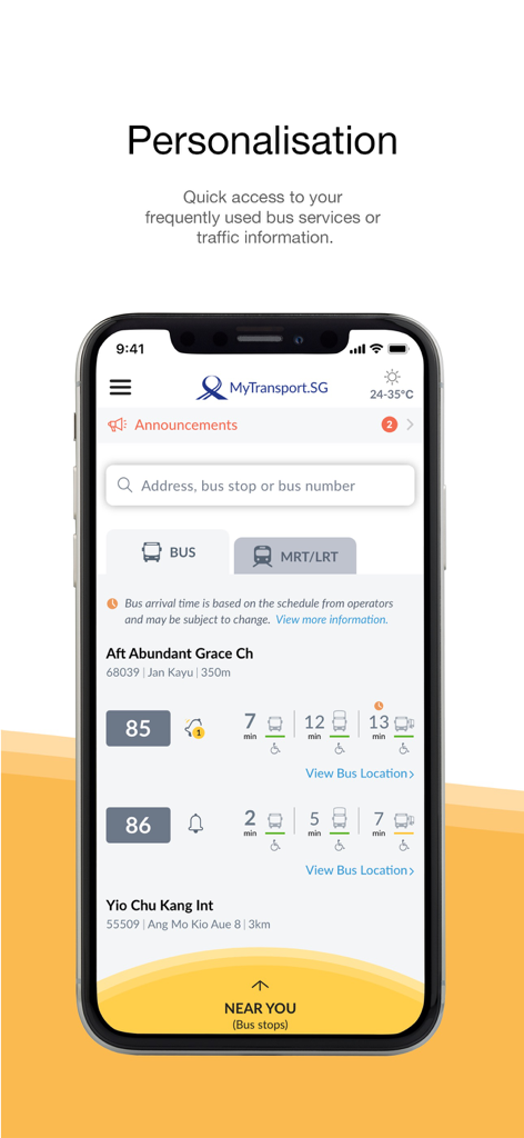 MyTransport.SG App-Oberfläche mit personalisierten Echtzeit-Busankunftszeiten und Verkehrsinformationen in Singapur