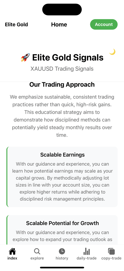 Home screen of the Elite Gold Academy app showing trading approach and scalable earnings info