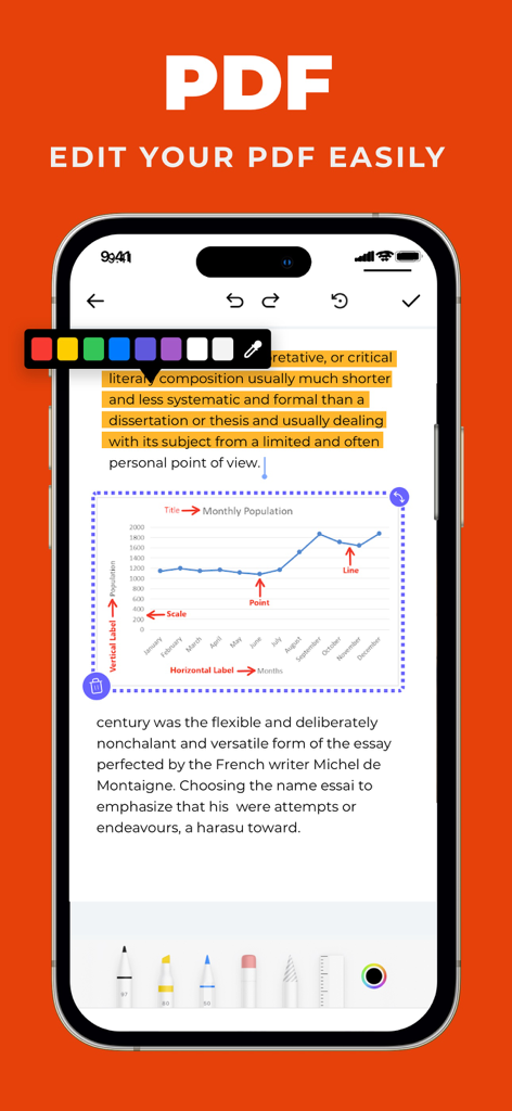 A smartphone displaying the PDF Photos and PDF Converter app interface with text highlighting and chart annotation tools.