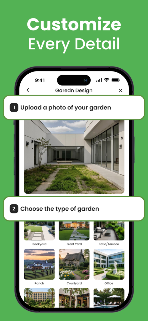 AI Garden- AI Landscape Design - A mobile app interface showing how to upload a garden photo and choose between different landscape styles like backyard or patio.