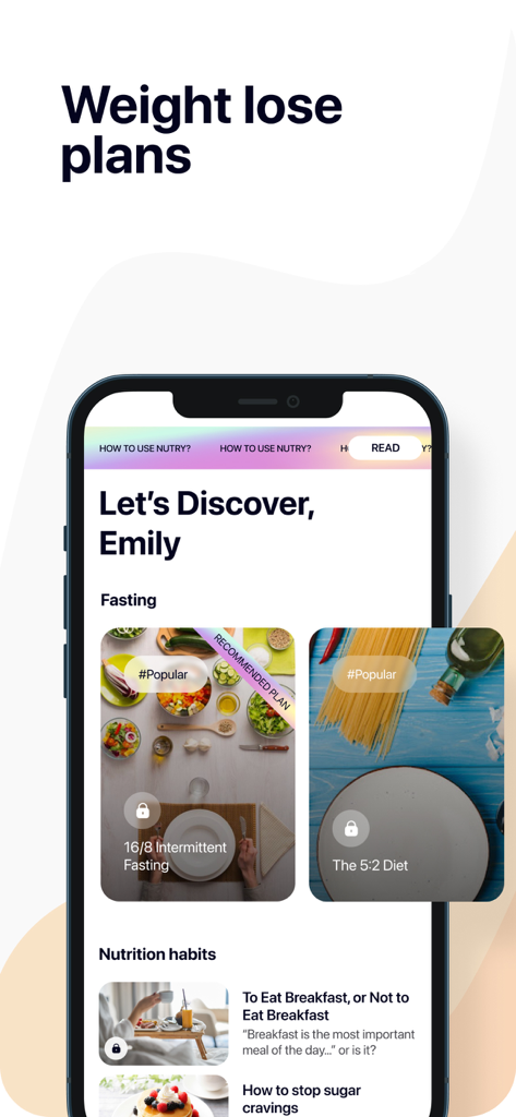 Intermittent Fasting Tracker! - Painel do aplicativo Nutry mostrando vários planos de jejum intermitente e artigos sobre hábitos nutricionais