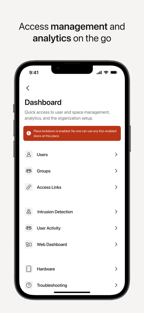 Kisi - Kisi mobile app dashboard on an iPhone showing management features for users groups and access links