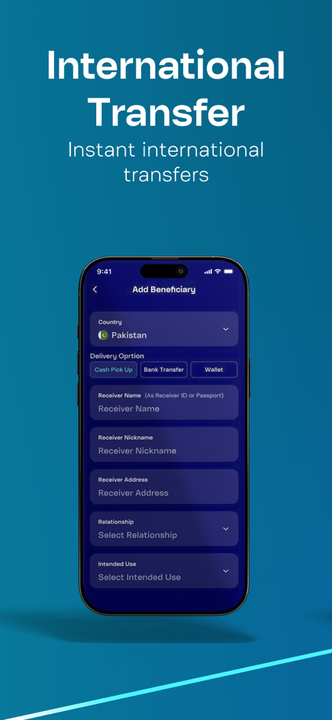 Mobily Pay mobile app screen for setting up international money transfers