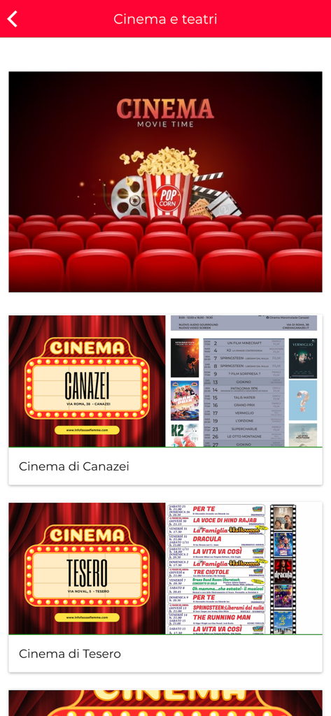 Screen from infoFassa&Fiemme app displaying cinema listings and movie schedules for Canazei and Tesero.