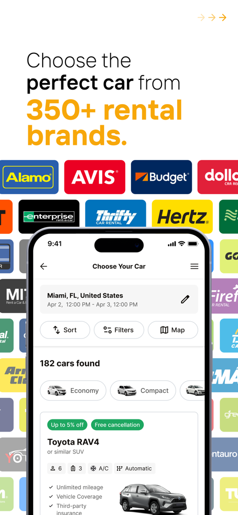 Rentcars: Car rental - Interfaz de la app móvil Rentcars mostrando opciones de alquiler de coches de más de 350 marcas y resultados de búsqueda de un SUV en Miami