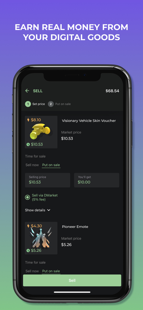 Interface of the DMarket app showing a user listing in-game items like vehicle skins and emotes to earn real money.