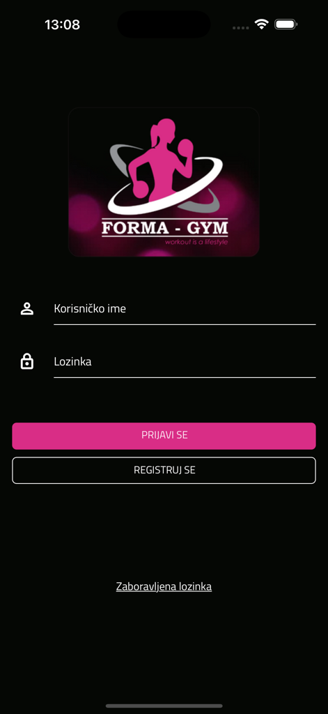 FORMA PLUS - Schermata di accesso dell'app palestra FORMA PLUS con campi per nome utente e password