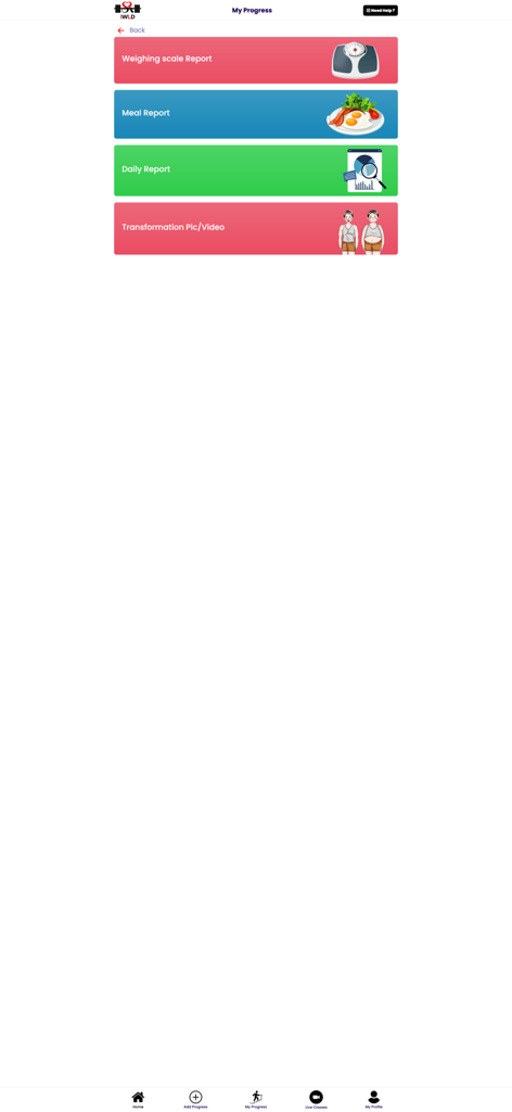 Indian Weight Loss Diet - Indian Weight Loss Diet App-Oberfläche, die Optionen für tägliche Berichte über Gewicht, Mahlzeiten und Fortschrittsverfolgung anzeigt