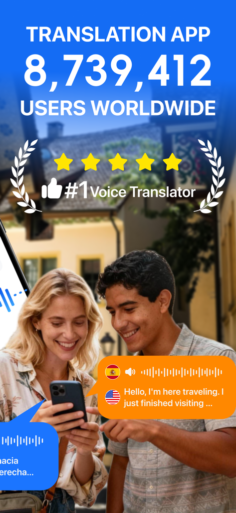 Two international travelers using the Translate Up app for real-time voice translation on an iPhone.