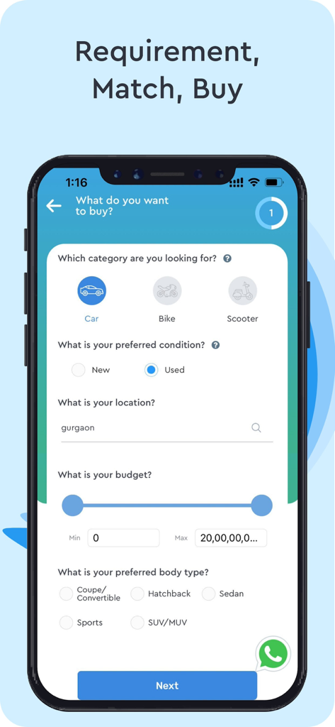 Droom: Buy Used Cars & Bikes - L'application Droom propose une interface de recherche permettant de sélectionner le type de véhicule, son état, sa localisation et son budget.