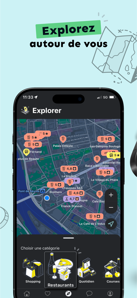 PagesJaunes - Recherche locale - PagesJaunes app map showing local businesses and ratings