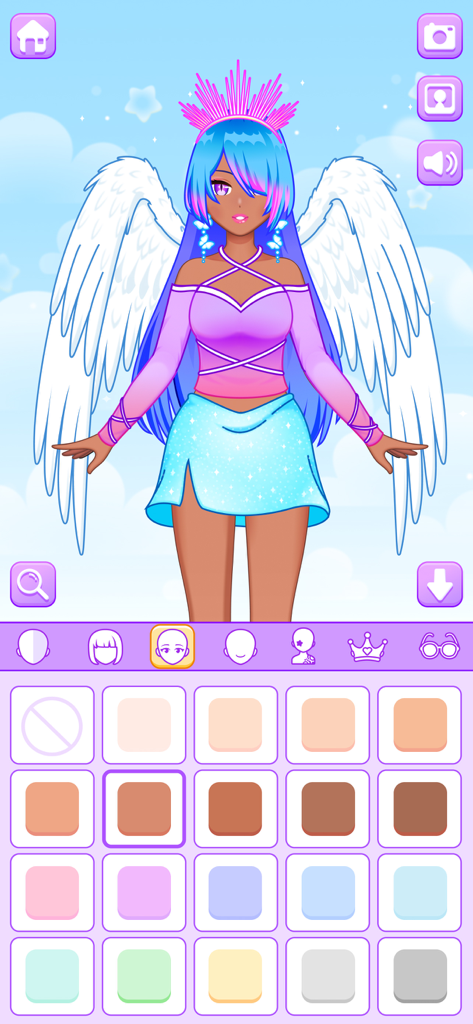 BFF Dress Up - Princess Doll - Character customization menu in BFF Dress Up showing various skin tone options for a princess doll with wings