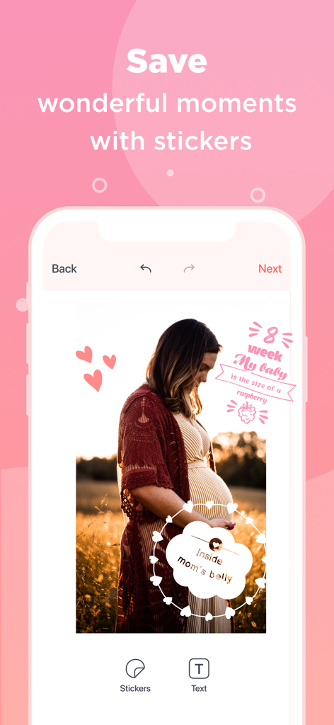 Pregnancy Tracker - BabyInside - A pregnant woman photo with baby growth stickers in the BabyInside app