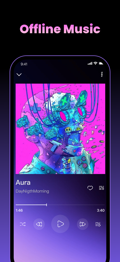 Interfaz de la aplicación Offline Music mostrando la pista Aura con vibrante arte psicodélico y controles de audio