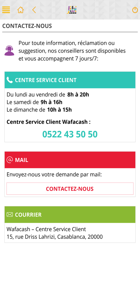 JIBI PRO app contact page displaying customer service phone number and business address