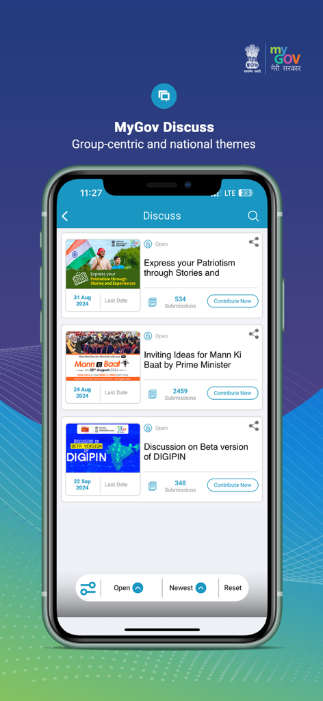 MyGov India - मेरी सरकार - MyGov India app showing the discuss section with citizen participation initiatives like Mann Ki Baat and patriotism stories