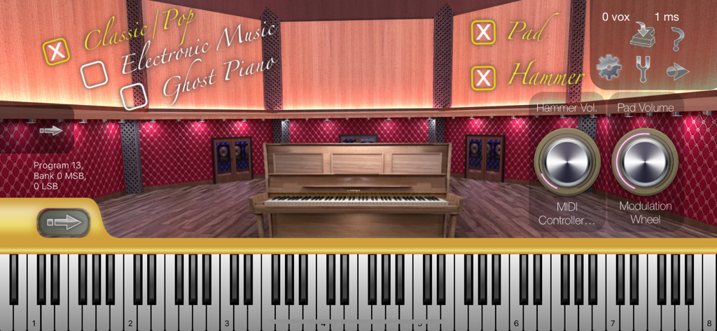 Colossus Piano - Interfaccia dell'app Colossus Piano che mostra un modello di pianoforte verticale in uno studio virtuale con manopole di controllo del suono e una tastiera di pianoforte