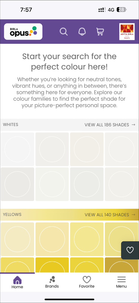 My Opus - A mobile app interface from My Opus showing paint color categories for whites and yellows with a search bar and navigation menu