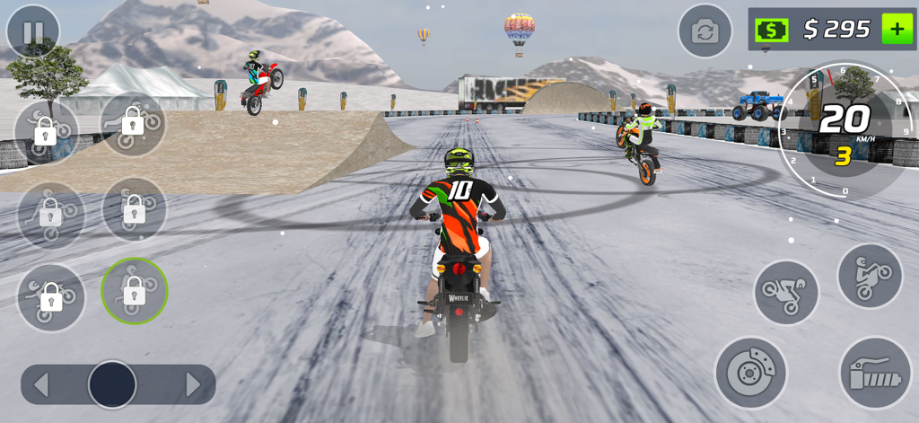 A 3D motorcycle game screenshot showing bikes performing stunts on a snowy track with a speedometer and game controls.