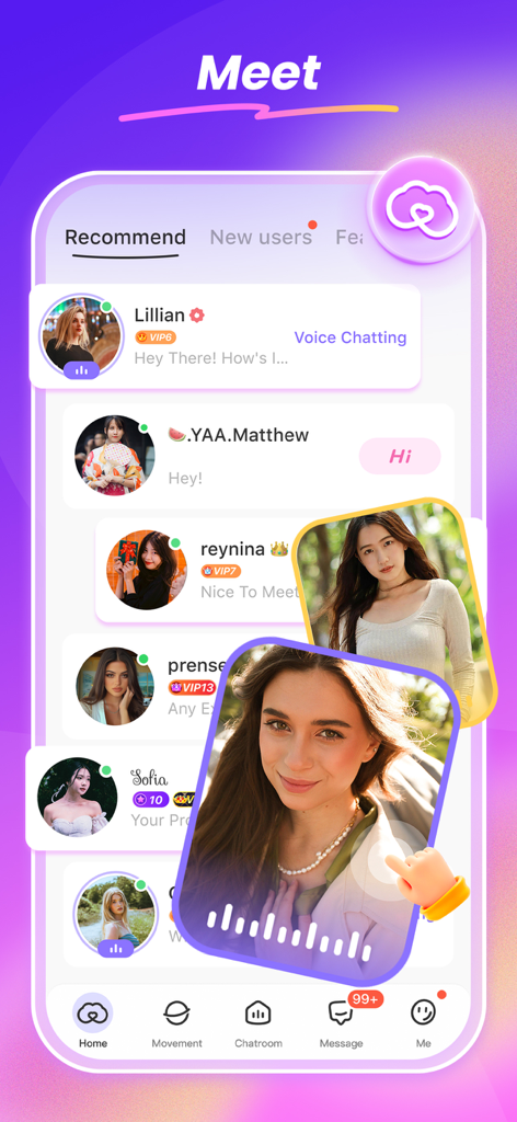 SUGO-Online Chat Party - SUGO app discovery screen displaying a list of recommended users for online voice chatting and social interaction.