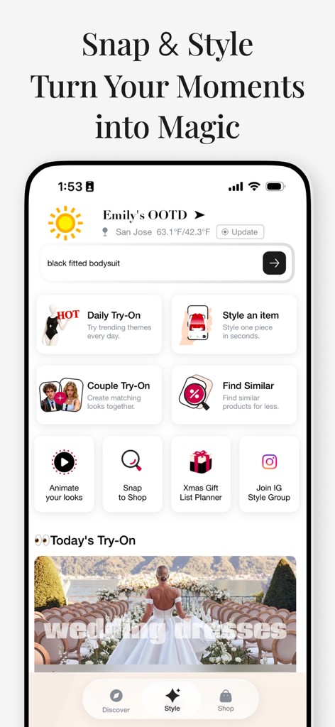 Gensmo: AI Stylist & Try-On - Interface do aplicativo móvel Gensmo apresentando ferramentas de estilo de IA e opções de experimentação virtual