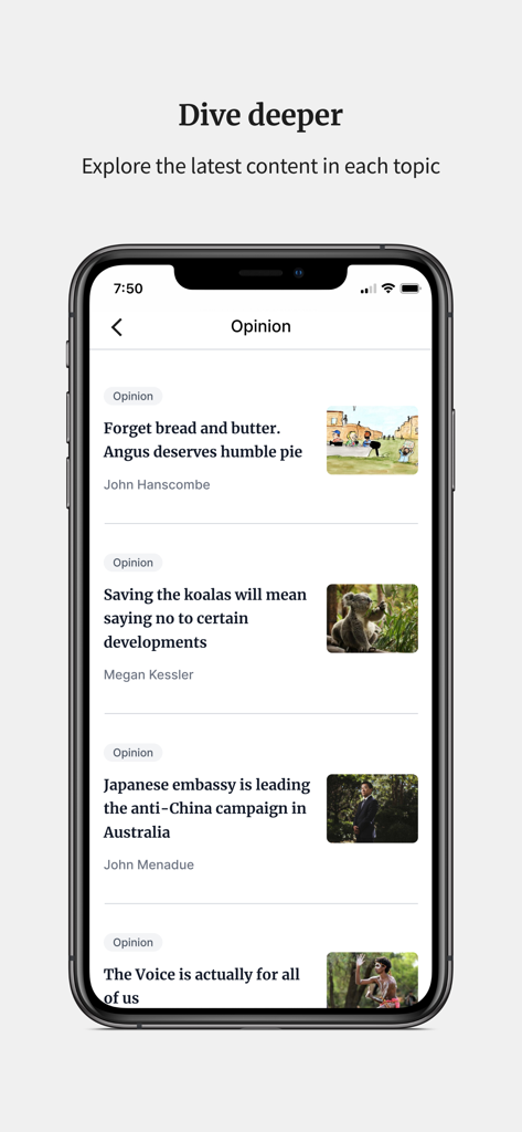 Um smartphone mostrando a seção de Opinião do aplicativo The Border Mail com manchetes sobre tópicos locais e nacionais.