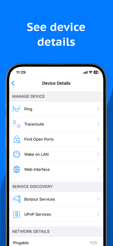 Captura de pantalla de iPhone de la aplicación Network Analyzer mostrando detalles del dispositivo con herramientas para ping, traceroute y escaneo de puertos
