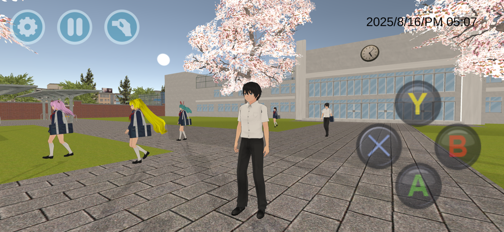 High School Simulator 2018 - Um personagem masculino em estilo anime parado em um pátio de escola secundária japonesa com cerejeiras e NPCs de estudantes ao fundo.