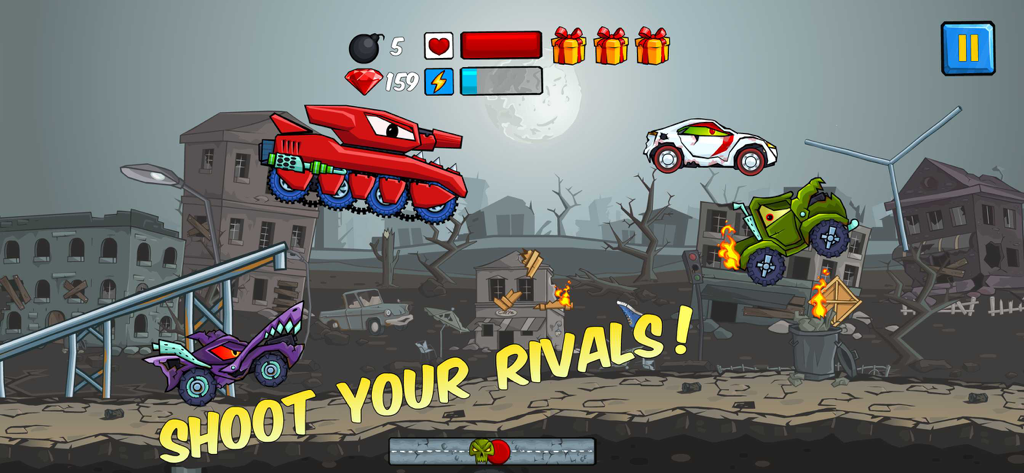 Car Eats Car - Apocalypse Race - Gameplay di corse di combattimento 2D con monster truck e testo "Shoot Your Rivals"