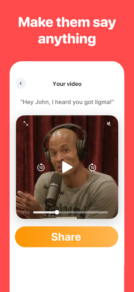 Parrot AI app screen showing an AI generated celebrity video with a custom message and share button