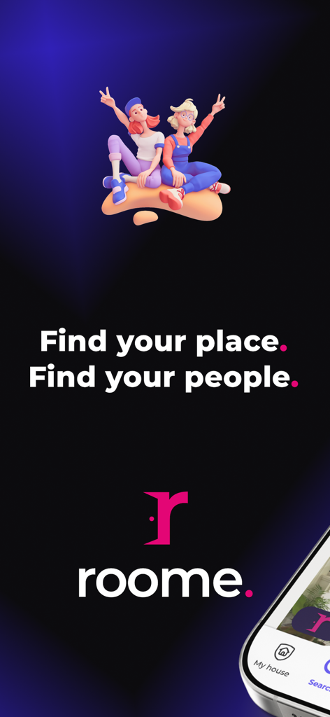 Pantalla de inicio de la aplicación Roome con dos personajes estudiantes y el eslogan Encuentra tu lugar Encuentra tu gente