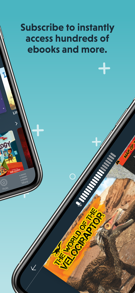 Two mobile phones showing the Novel Effect app library and a digital book about dinosaurs