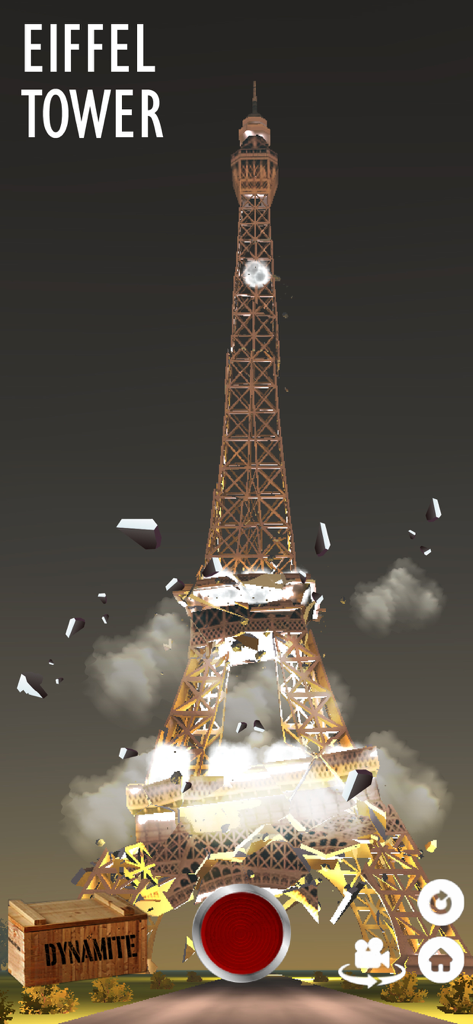 Gameplay of Fake Island Demolish showing the Eiffel Tower being destroyed with dynamite